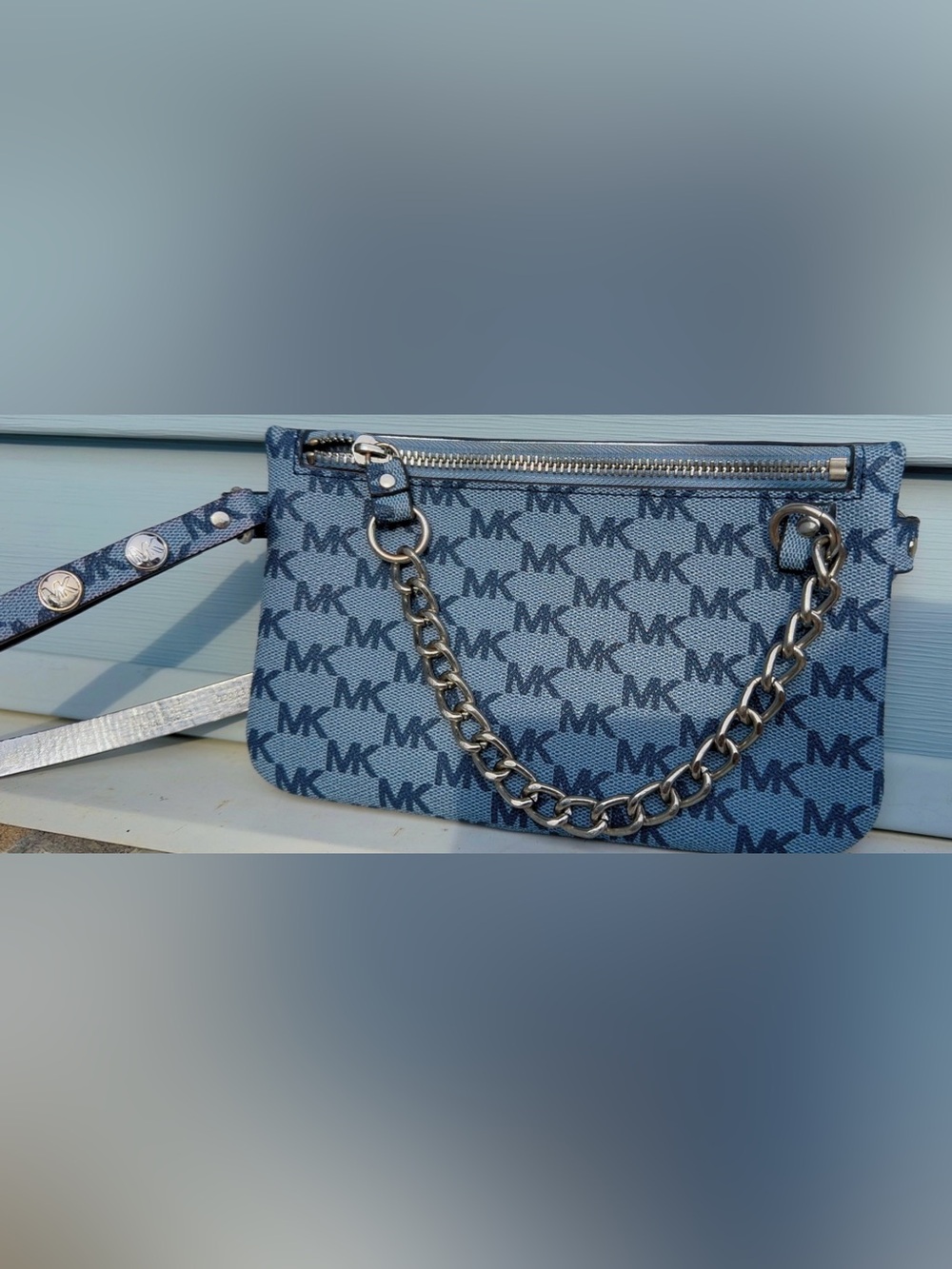 Michael Kors Denim Blue MK Logo Chain Wristlet.”